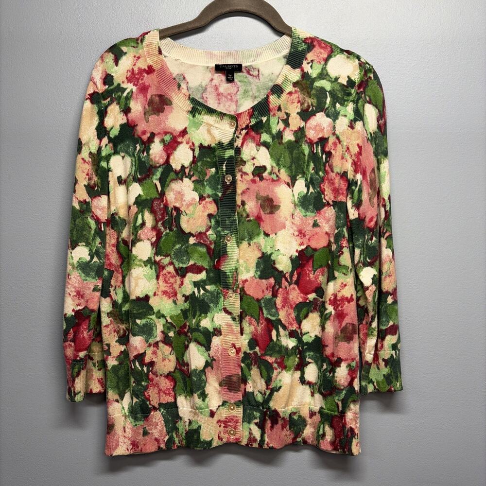 ⭐ Talbots Womens Sweater LP Petites Green Cardigan Floral Button Summer Nature